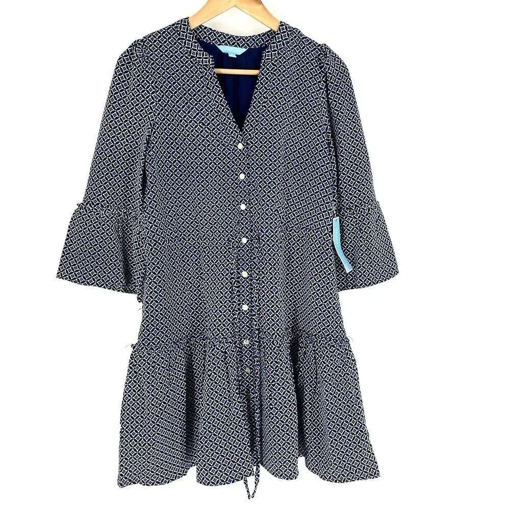 Draper James Shirt Dress Size XS Navy Geometric Print Bell Sleeve Button Front